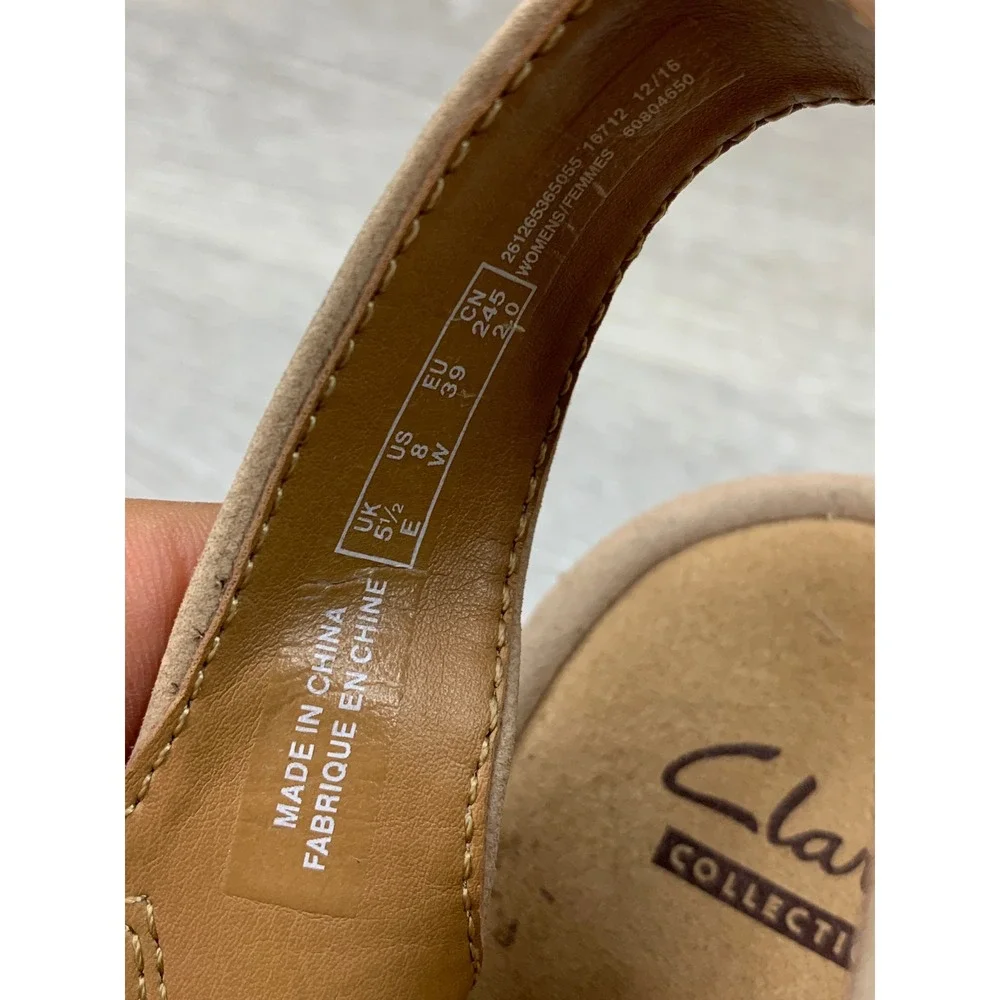 Clarks Collection Women's 8 W Beige Leather Wedge Sandals Cushion Comfort Shoes